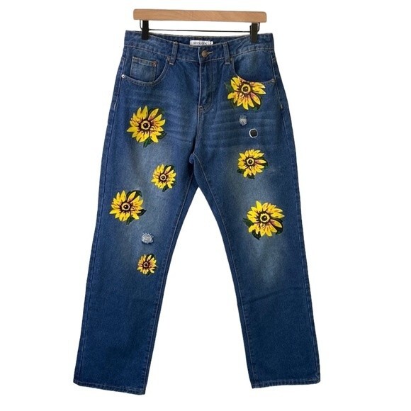 MISSLOOK  Sunflower Painted Distressed Jeans High Rise Straight Leg W31 x L30 - Picture 1 of 14